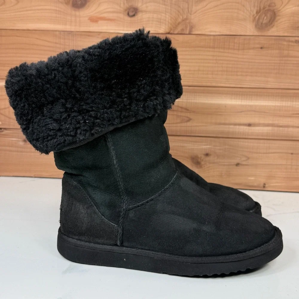 Black UGG Australia Tall Boots Sheepskin Fur Lined Fold‎ Over Cuff Women's 7
